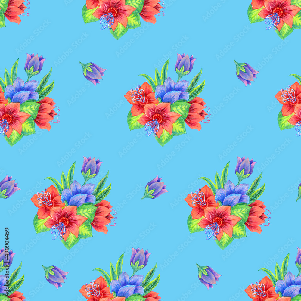 Watercolor  blooming flowers  with foliage on blue background. Seamless pattern  with floral composition for decorations textiles and papers.
