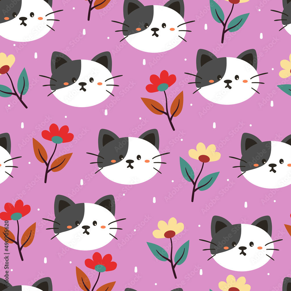 seamless pattern hand drawing cartoon cat and flowers. for kids wallpaper, fabric print, textile, gift wrapping paper