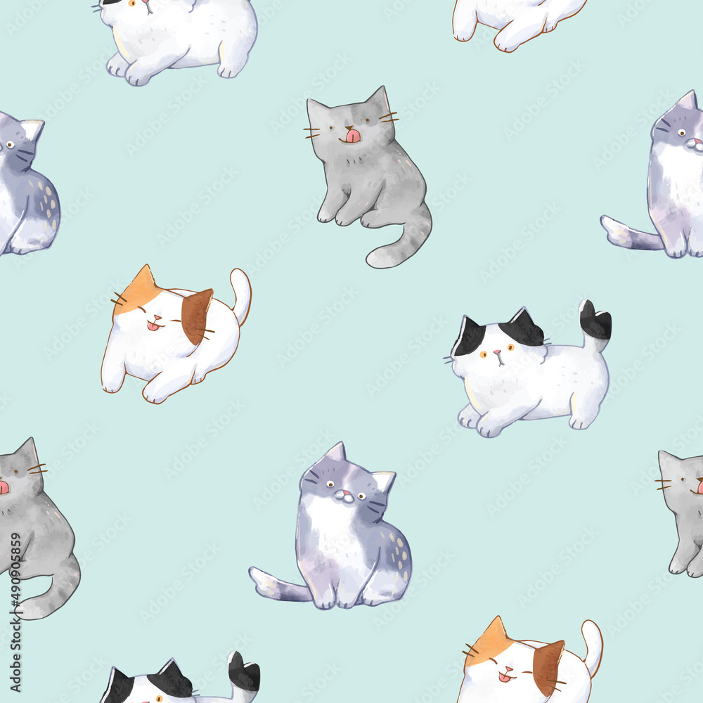 Seamless Pattern with Cat Illustration Design on Pastel Green Background