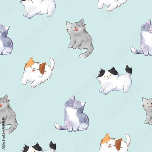 Seamless Pattern with Cat Illustration Design on Pastel Green Background
