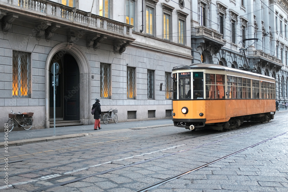 Fototapeta premium Tram on the street in Milan, Italy, November 2018 ...