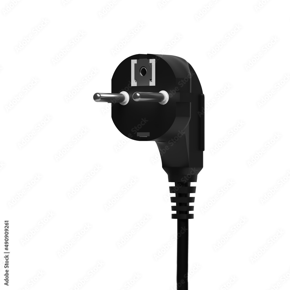 3d illustration of an electrical plug with a wire isolated on a white background. Close-up in profile. 3d illustration of an electrical plug with a wire isolated on a white background. Close-up in profile.