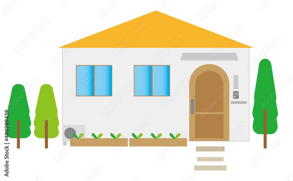 オレンジ屋根のかわいい平屋一軒家住宅のイラスト 木 植物付き Stock Vector Adobe Stock