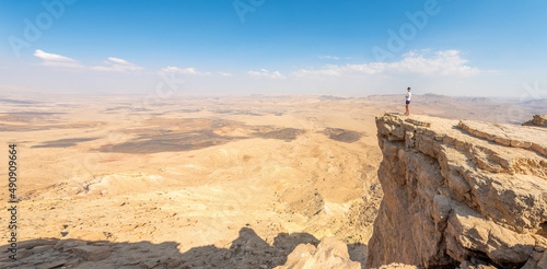 Admiring the view from Makhtesh Ramon, Ramon Crater, Negev desert, Israel. photo