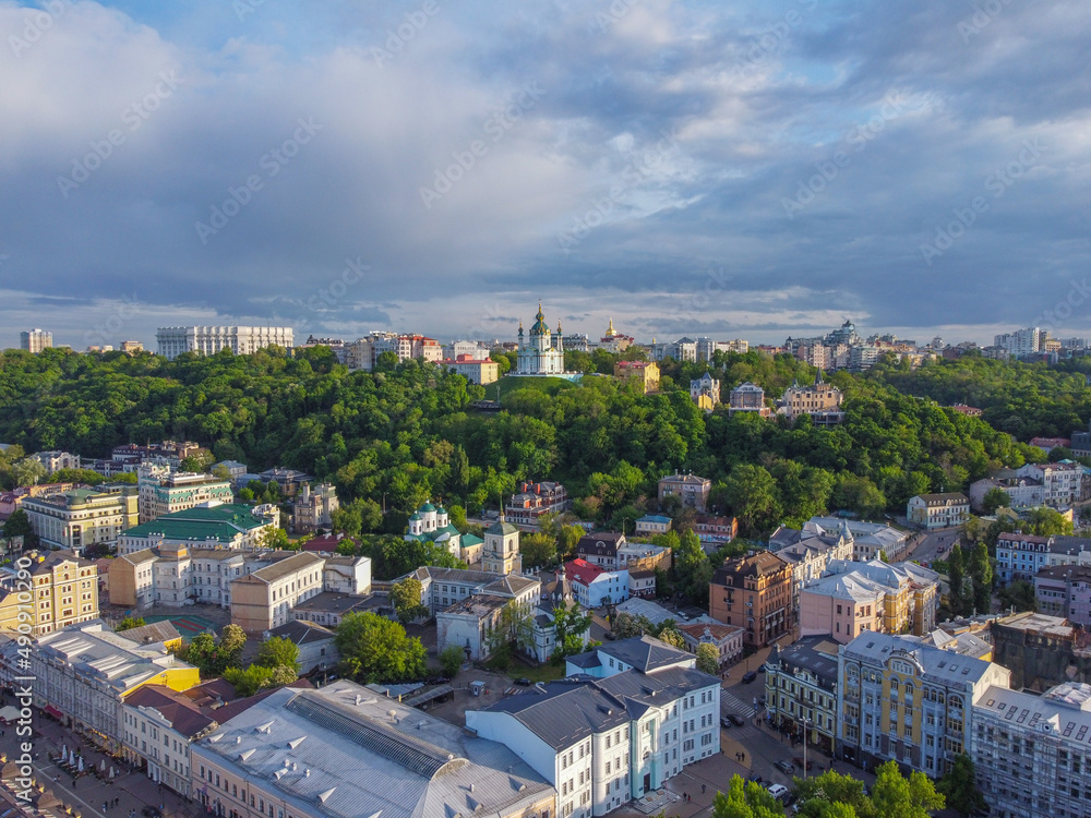 Kyiv, Ukraine. Aerial view of Kyiv and Saint Andrew's church. Aerial drone view.