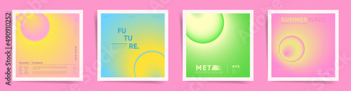 Space spring neon gradient cover square template design set for poster, social media post and aesthetic album. Blurry circular gradient vibrant dynamic post. Vector business springtime kit.