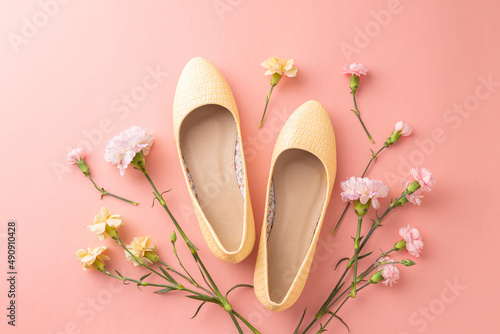 Fashion - spring footwear for woman. Pastel yellow ballet flats shoes and flowers on pink