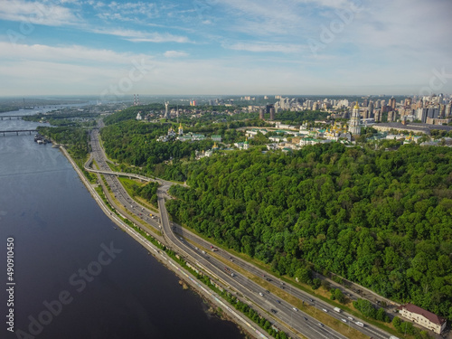 Kyiv, Ukraine. Aerial View of Kyiv and Dnepr river. Aerial drone view.