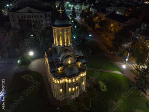 Pyatnitskaya church in square named after Bohdan Khmelnitsky. Aerial drone view. Chernigov, Ukraine. photo