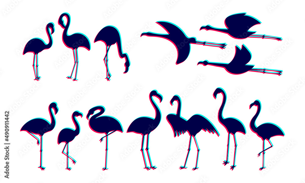 Obraz premium Flamingo bird glitch effect vector. Tropical summer print illustration
