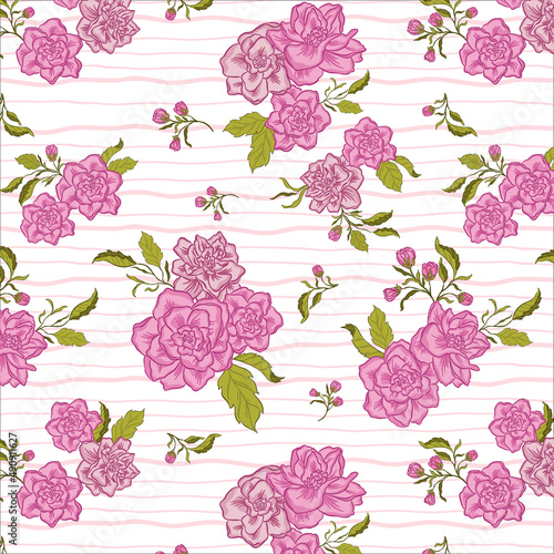 Pink Roses And Stripes Pattern