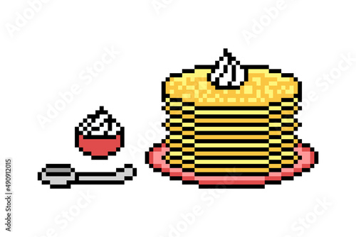 Pixel art stack of pancakes on a plate, sour cream bowl and a silver spoon on white background. Blini, traditional Maslenitsa food. Eastern Slavic religious, folk holiday dish. Crepes for breakfast.