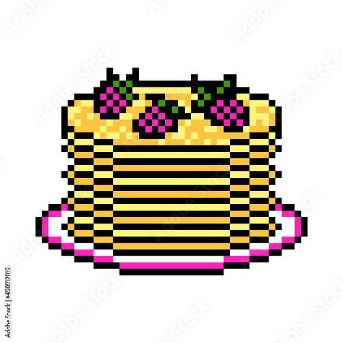 Pixel art stack of pancakes with raspberries on a plate on white background. Blini, traditional Maslenitsa food. Eastern Slavic religious, folk holiday dish. Crepes for breakfast.