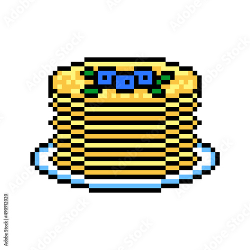 Pixel art stack of pancakes with blueberries on a plate on white background. Blini, traditional Maslenitsa food. Eastern Slavic religious, folk holiday dish. Crepes for breakfast.