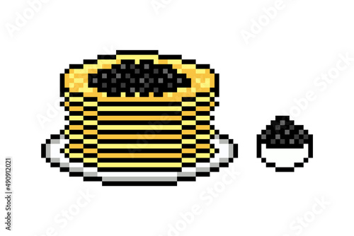 Pixel art stack of pancakes with black caviar on a plate on white background. Blini, traditional Maslenitsa food. Eastern Slavic religious, folk holiday dish. Crepes for breakfast.