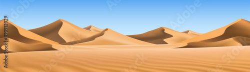 Big 3d realistic background of sand dunes. Desert landscape with blue sky. © Real Vector