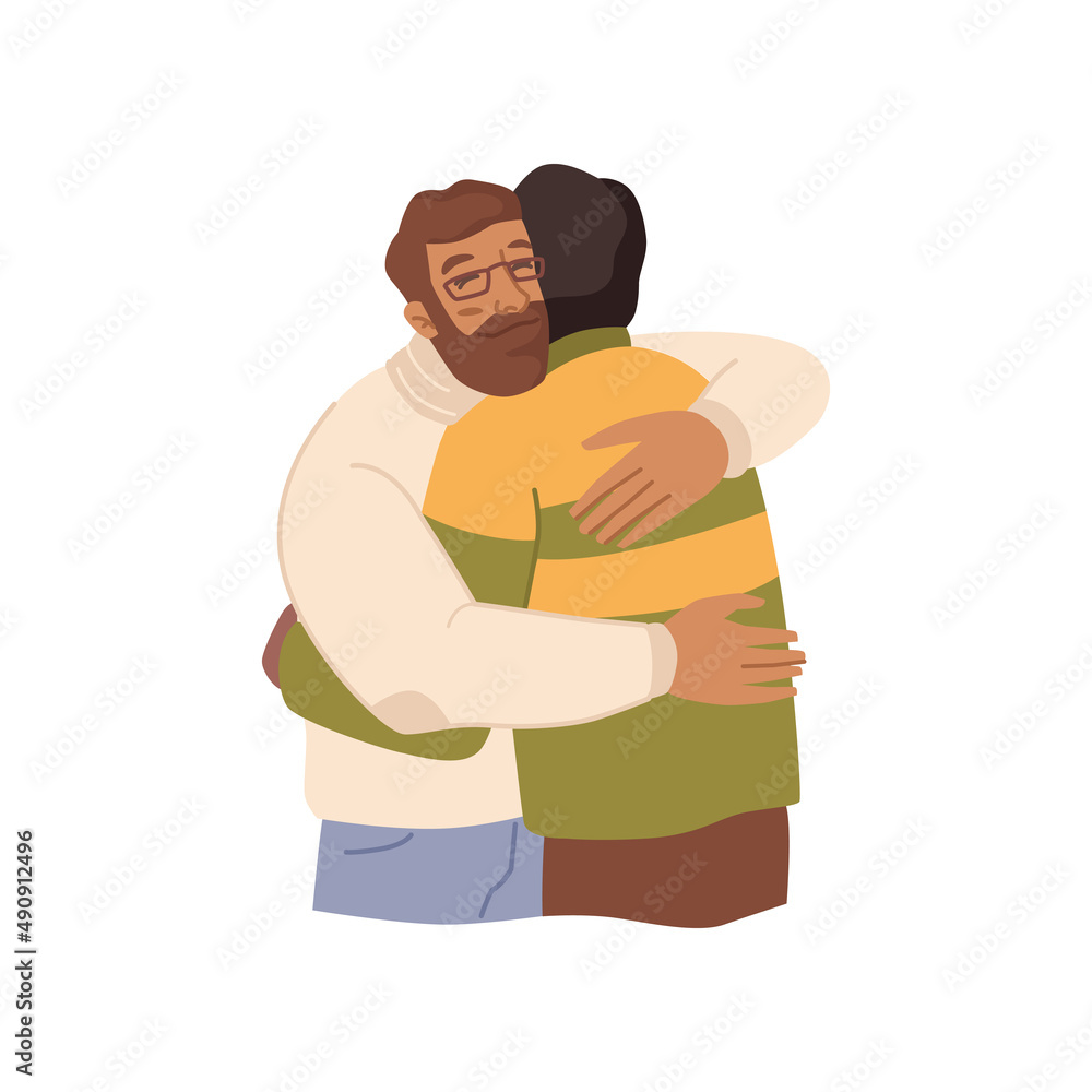 Brothers or friends cuddling, love and family bonding. Vector men express emotions, relationships between men. Male personages in love, smiling guys greeting. Embracing flat cartoon characters