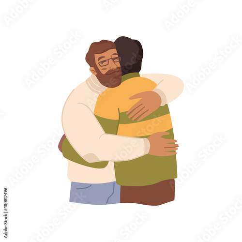 Brothers or friends cuddling, love and family bonding. Vector men express emotions, relationships between men. Male personages in love, smiling guys greeting. Embracing flat cartoon characters