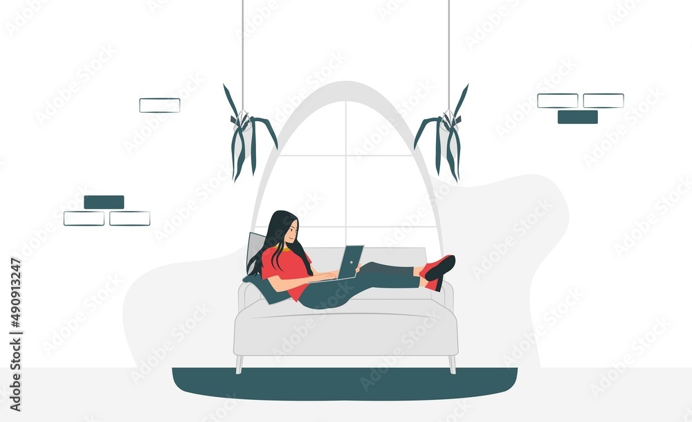 Obraz premium Stay at home banner. The girl works at the computer, sitting on a bag with beans epidemic, quarantine, freelancer, work at home, distance learning, online, blogger.