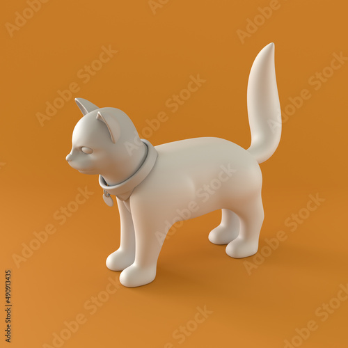 A White Cat Figurine in Flat Color in Orange Background  3d Rendering