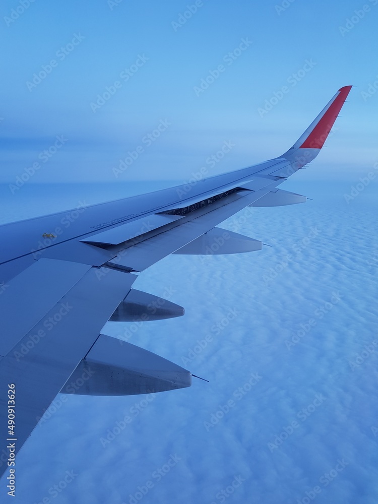Obraz premium Airplane wing in the blue sky
