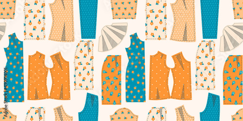 Seamless pattern from a set of patterns for sewing dresses, blouses, trousers. Illustrations on the theme of cutting and sewing Vector illustration