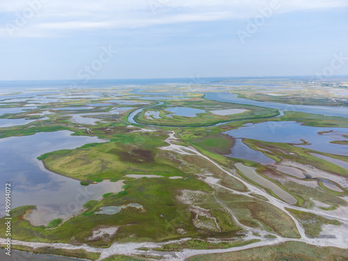 Arabat Spit, Kherson Oblast, Ukraine. Arabat Spit aerial view, Azov Sea. Aerial drone view.