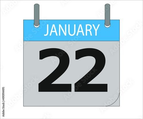 January 22th. Calendar icon. Date day of the month Sunday, Monday, Tuesday, Wednesday, Thursday, Friday, Saturday and Holidays