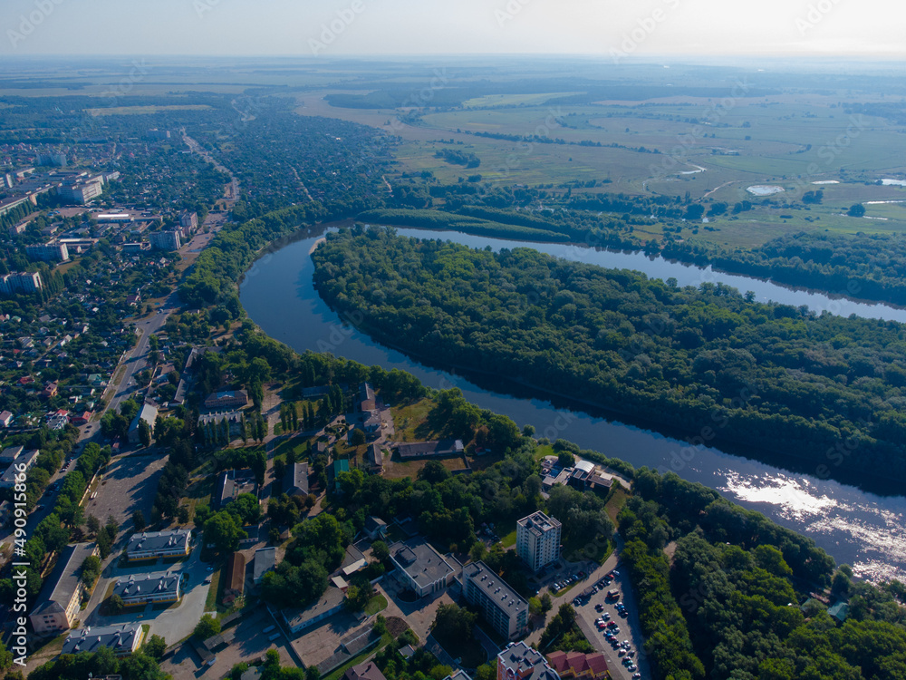 View of the Desna river and Chernigov city. Aerial drone view. Ukraine.
