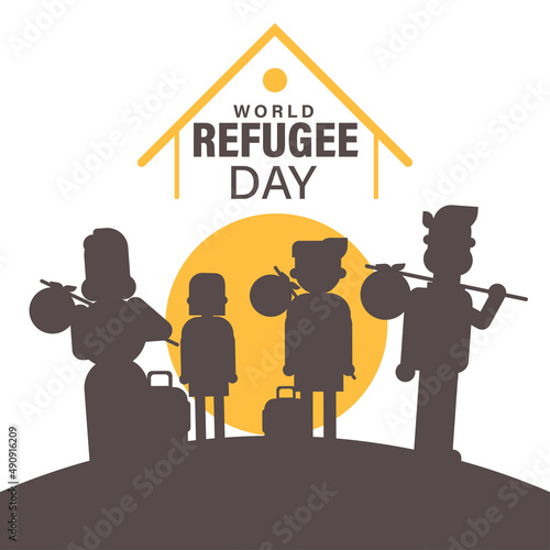 World Refugee Day 20th June, war crisis people family transportation vector poster banner