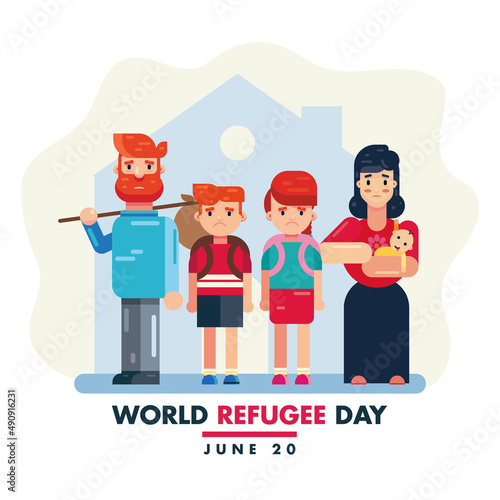 World Refugee Day 20th June, family of people in war crisis vector illustration poster banner design