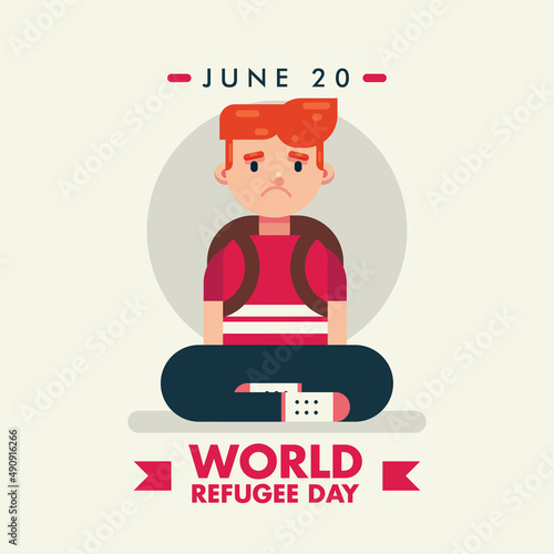 World Refugee Day 20 June, sad crying boy kid child poster vector design