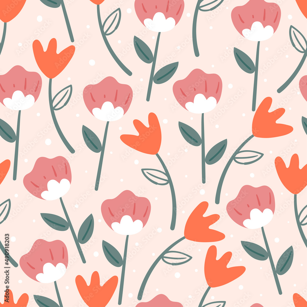 seamless pattern hand drawing flower and leaves. for fabric print, textile, gift wrapping paper