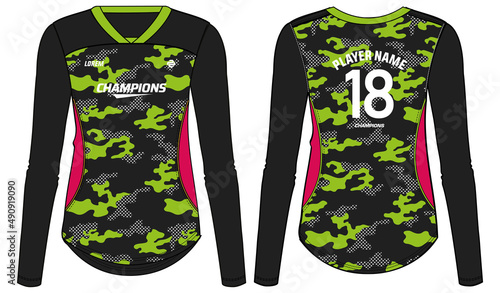 Women Long Sleeve Sports Jersey t-shirt design flat sketch illustration in camouflage pattern suitable for girls and Ladies for Volleyball jersey, Football, Soccer and netball. Sport uniform kit