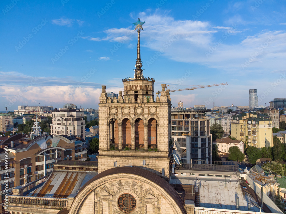 House with a  star on a spire in the center of Kiev. Aerial drone view. Ukraine.