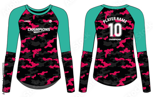 Camouflage women Long Sleeve Sports Jersey t-shirt flat sketch design Illustration suitable for girls and Ladies for Volleyball jersey, Football, Soccer, netball and tennis Sport uniform kit