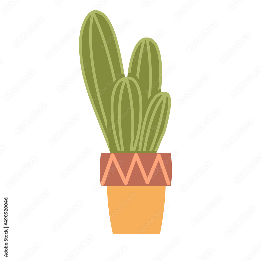 Houseplant cactus in an orange pot with a pattern. Green houseplants for room and office decor. Element of home decor. Flat vector illustration isolated on white background.