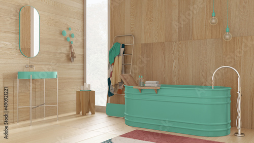 Modern soothing bathroom with wooden walls and floor in turquoise tones, spa, hotel, freestanding bathtub, ceramic washbasin, towel rack, lamp, carpet, cozy vintage interior design