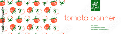 Banner organic ingredients, template design for healthy food concept, vegetarian food banner with red tomatoes background, eco store and farmers market. Tomato pattern for homemade cooking courses.