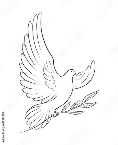 Outline dove of the world with a twig in the paws