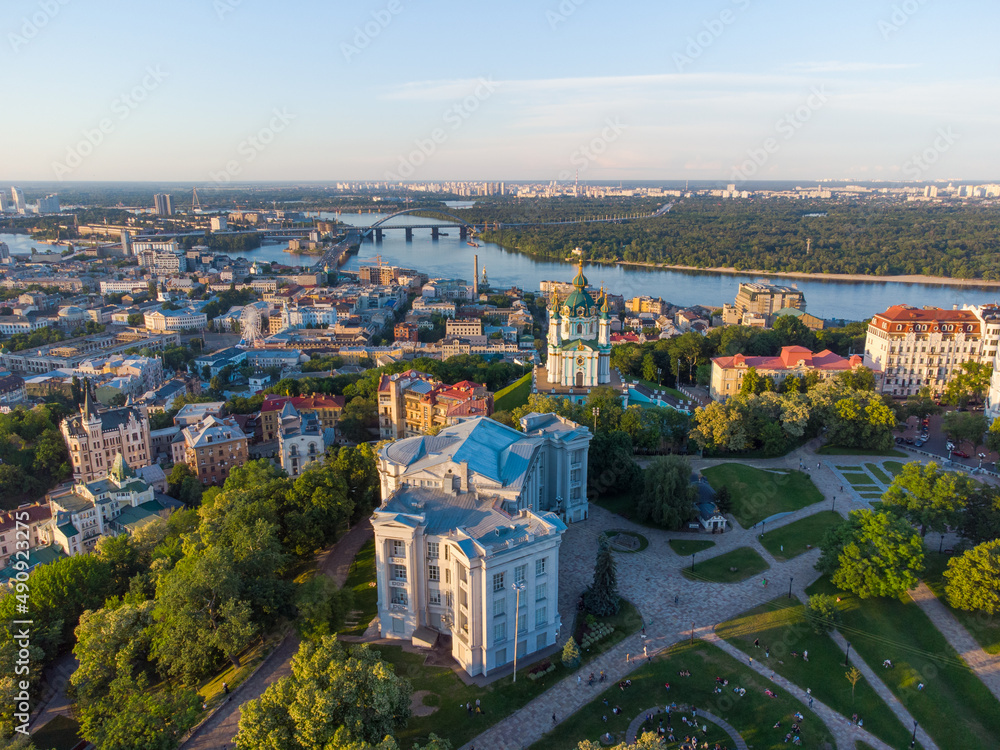St. Andrew's Church and National Museum of the History of Ukraine in Kyiv. Aerial drone view.