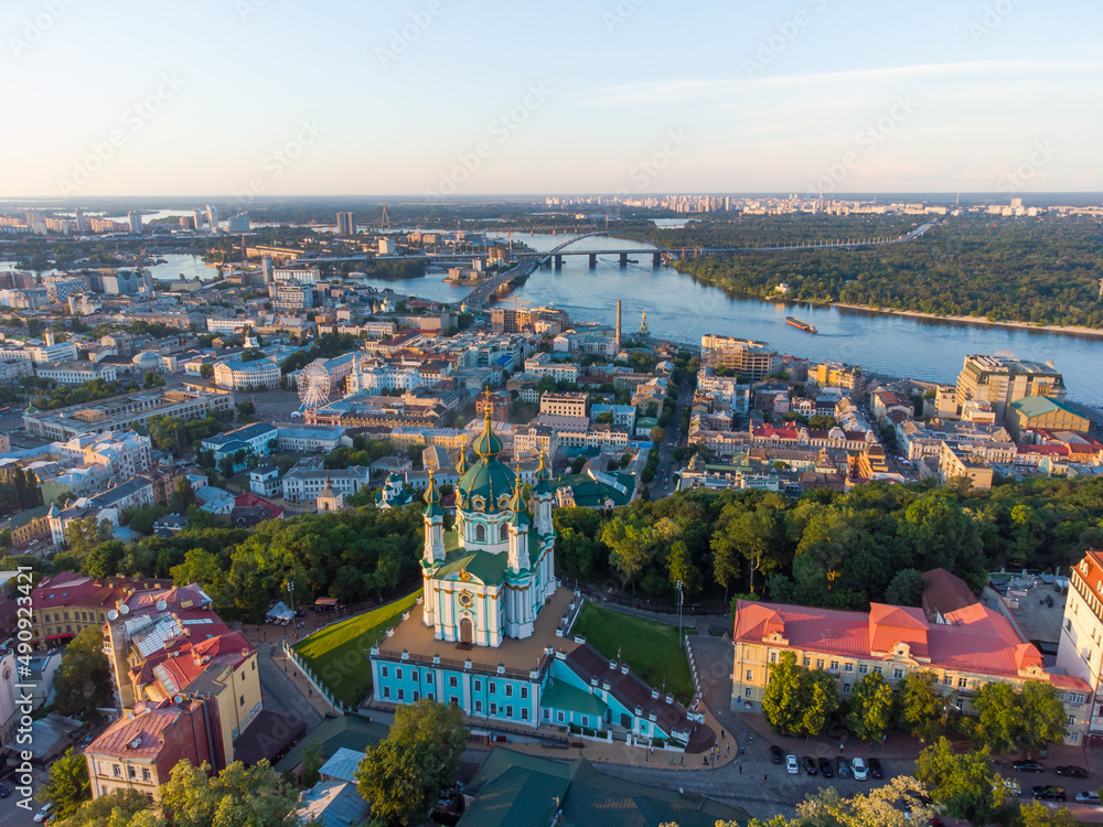 Saint Andrew's church and Andreevska street from above. Aerial drone view. Kyiv, Ukraine.