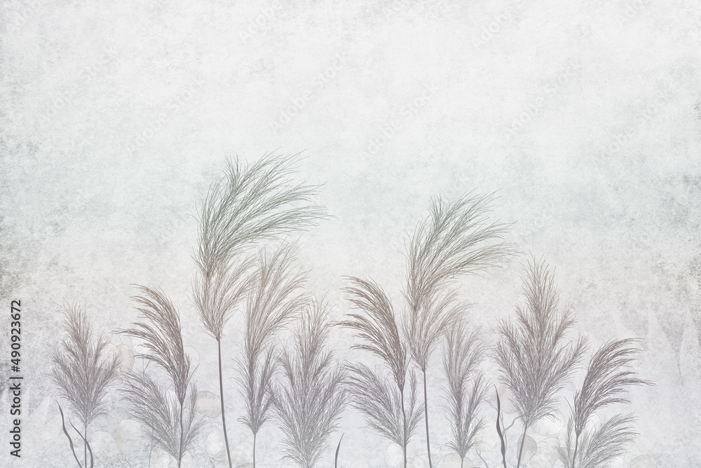 Spikes of reeds against a concrete wall. Illustration with boho style flora. Pampas grass outdoors in light pastel colors. Dry reeds. Hand-drawn 3D illustration. - obrazy, fototapety, plakaty 