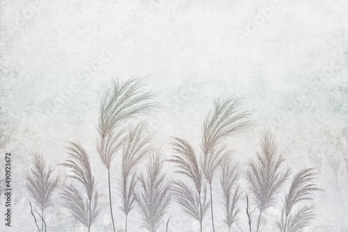 Spikes of reeds against a concrete wall. Illustration with boho style flora. Pampas grass outdoors in light pastel colors. Dry reeds. Hand-drawn 3D illustration.
