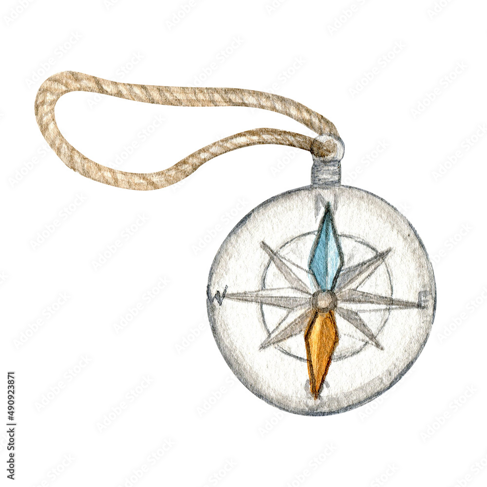 Watercolor hiking compass icon symbol. Camping scouting with useful summer travel equipment tools provisions compass. Illustration on white background