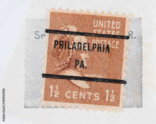 briefmarke stamp vintage retro alt old used gebraucht gestempelt cancel braun usa amerika america Philadelphia PA Martha Washington photo