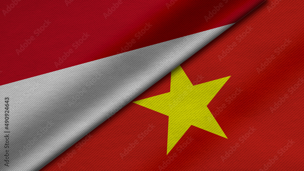 Fototapeta premium 3D Rendering of two flags from Republic of Indonesia and Socialist Republic of Vietnam together with fabric texture, bilateral relations, peace and conflict between countries, great for background