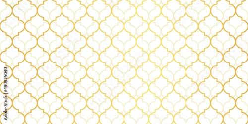 Moroccan Seamless Pattern. Gold Turkish Mosque Window Shape. Arabic Mosaic Golden Background. Eid Mubarak Muslim Ornament. Ramadan Kareem Islamic Illustration