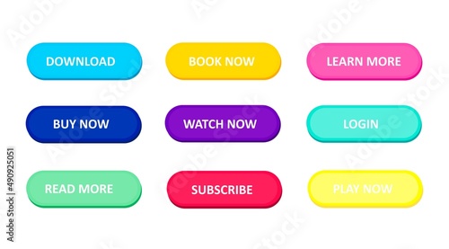 Set of buttons for websites and applications. Flat design for user interface. Colorful icons: download, learn more, buy now. Gradient frame on a dark background.Vector image, modern style.	