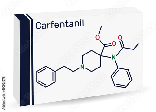 Carfentanil, carfentanyl molecule. It is derivative of fentanyl, one of the most potent opioids. Paper packaging for drugs. Vector illustration